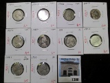 Group of 10 Jefferson Nickels - 38 BU, 38D circ, 38S AU+, 39DS 42D 50PD 51S 52S circ, group value $3