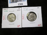 Pair of 2 Silver WWII Jefferson Nickels - 43P 43D, both BU, value for pair $23+