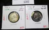 Pair of 2 Silver WWII Jefferson Nickels - 43S 44P, both BU TONED, value for pair $23+