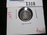 1853 Seated Liberty Half Dime, arrows at date, F, value $30+