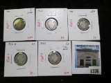 Group of 5 Barber Dimes, 1900, 1905, 1912-D, 1915 all G, 1911 VG10, group value $22+