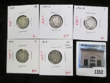 Group of 5 Barber Dimes, 1909-O, 1912-D, 1914, 1915 G; 1907 VG, group value $22+