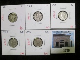 Group of 5 Mercury Dimes - 1916, 1938-D F; 1942 XF/AU; 1939, 1940-S AU, group value $24+