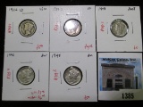 Group of 5 Mercury Dimes - 1926-D VG; 1939-S XF; 1941, 1942, 1945 AU, group value $22+