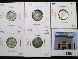 Group of 5 Mercury Dimes - 1931 VG; 1938-D VF; 1945-D XF; 1941, 1943 AU, group value $21+