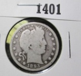 1893 Barber Quarter, G+, value $9+