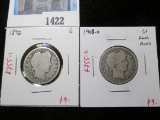 Pair of 2 Barber Quarters - 1892 G, 1908-O G+ full rims, value $18+