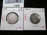 Pair of 2 Barber Quarters - 1898 G obv, AG rev, 1909-D G obv AG rev, value $18+