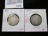 Pair of 2 Barber Quarters - 1898 G, 1909-D G, value $18+