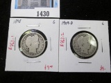 Pair of 2 Barber Quarters - 1898 G, 1909-D G, value $18+