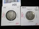 Pair of 2 Barber Quarters - 1898 G+, 1909-D G+ full rims, value $18+