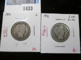 Pair of 2 Barber Quarters - 1899 G, 1912 G obv AG rev, value $18+