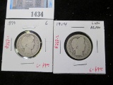 Pair of 2 Barber Quarters - 1899 G, 1914 G obv AG rev, value $18+
