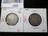 Pair of 2 Barber Quarters - 1899 G+ full rims, 1914 G, value $17+