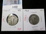 Pair of 2 Standing Liberty Quarters, 1926-S AG/G, 1927 VG+, value $15+