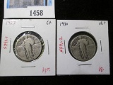 Pair of 2 Standing Liberty Quarters,1927 G+, 1930 VG+, value $15+
