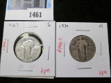 Pair of 2 Standing Liberty Quarters,1927 G, 1930 VG, value $15+