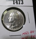 1950 Washington Quarter, BU, MS63 value $10, MS65 value $35