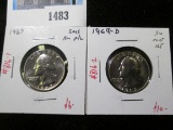 Pair of 2 Washington Quarters - 1967 BU SMS Proof-like & 1969-D BU from Mint Set, value for pair $16