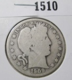 1909 Barber Half Dollar, G, value $16+