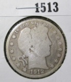 1912-D Barber Half Dollar, G, value $16+