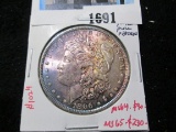 1890 Morgan Silver Dollar, BU full breast feathers on eagle with BEAUTIFUL PINK, PURPLE AND BLUE TON