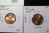 Pair of 2 Lincoln Cent Off-Center Strike error coins, 1998 & 2000, both BU, value for pair $14+