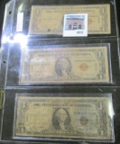 Group of 3 Series 1935A HAWAII brown seal silver certificates, WWII emergency issue notes