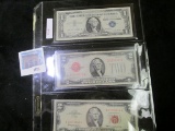 Group of 3 notes, Series 1957B $1 silver certificate; 1928G and 1963 $2 red seal notes
