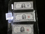 Group of 3 notes, Series 1957 $1 silver certificate; 1963 $2 & 1963 $5 red seal notes