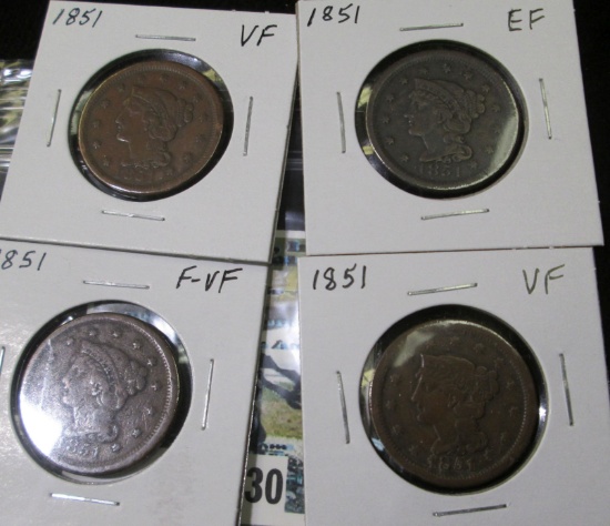 (4) 1851 U.S. Large Cents, F-VF, VF, VF, & EF.