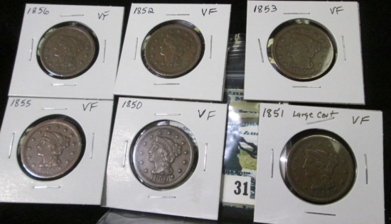 (6) U.S. Large Cents: 1850, 1851, 1852, 1853, 1855 upright 5s, & 1856. All VF.