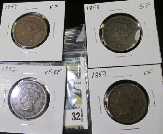 (4) U.S. Large Cents: 1852 VF-EF, 1853 VF, 1854 EF, 1855 slant 5s, EF.