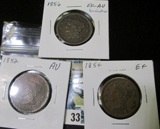 (3) U.S. Large Cents: 1852 AU, 1854 EF, & 1856 EF-AU with a laminated planchet.