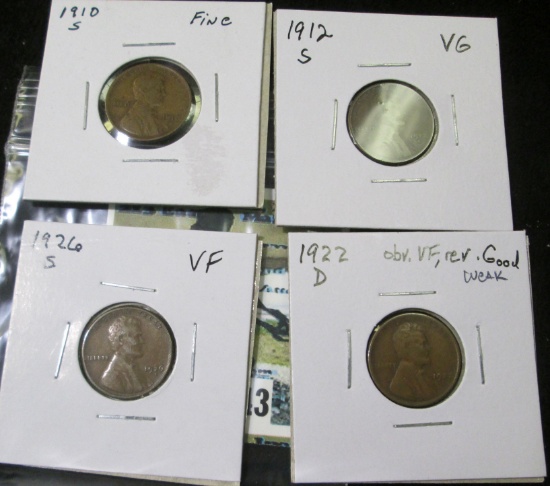 1910 S Fine, 12 S VG, 22 D VF with a weak reverse, & 26 S VF Lincoln Cents.
