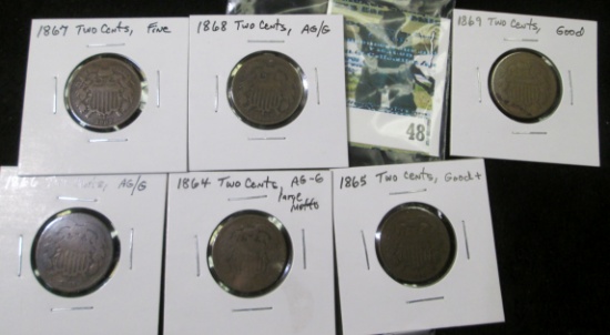 Two Cent Pieces: 1864 LM AG-G; 1865 G+; 1866 AG-G; 1867 Fine; 1868 AG-G; & 1869 Good.