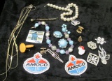 Pair of Amoco patches; Earrings, necklaces, & etc.