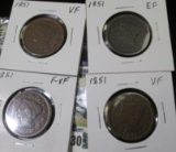 (4) 1851 U.S. Large Cents, F-VF, VF, VF, & EF.