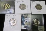 Jefferson Nickel Lot: 1943 S Silver BU; 1949 S BU; 1950 D BU; 1954 P & 56 P Gem Proofs.