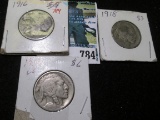 1916 P G, 17 P VG, & 18 P (acid date) G Buffalo Nickels.