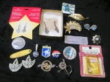 Anitque Broaches, Earrings, Pin-backs, & etc. Including a John Deere Day ticket & Keosaugua Iowa Med