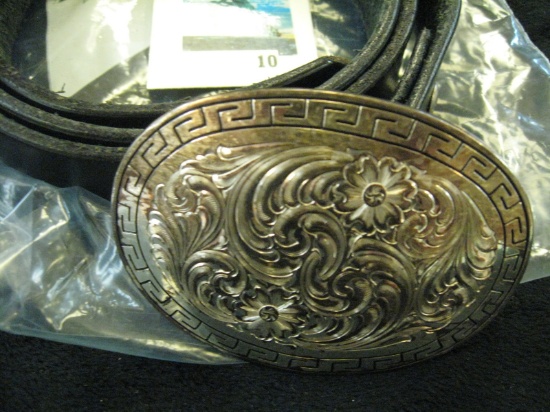 Black 42" leather belt with ornate, engraved Montana Silversmiths, Columbus Montana, belt buckle