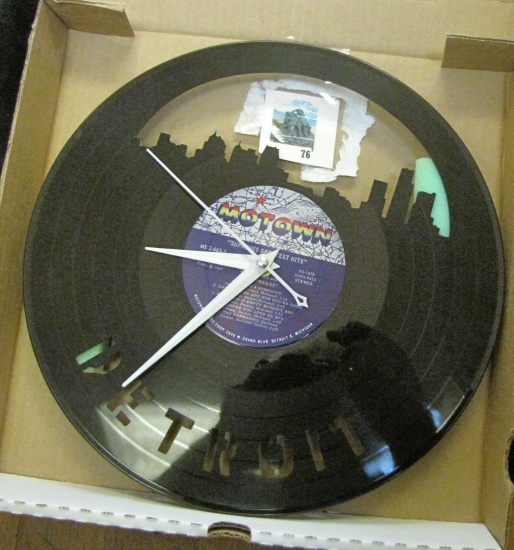 Clock made from old MOTOWN Supremes Greatest Hits album, album has been laser cut with thew word DET