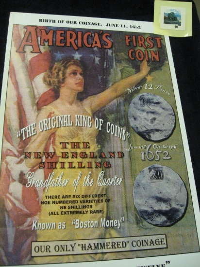 "America's First Coin - The New England Shilling" - high quality educational poster / print on plast