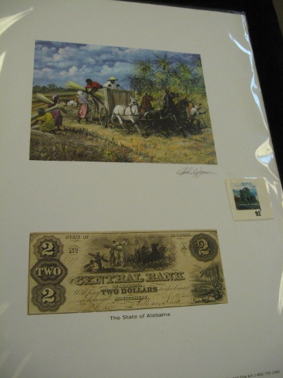 AL9818 "Slaves Loading Sugar Cane" colorized print from original State of Alabama obsolete $2 bankno