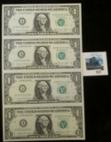 Series 1981A sheet of 4 uncut $1 federal reserve notes, District A Boston, Ortega/Regan Signatures