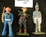 3 metal toy figurines, soldier, sailor, pirate, maker unknown, possibly Barclay