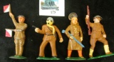 4 vintage Barclay metal toy soldiers, includes, soldier with gas mask, flag signaler, and 2 marching