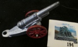 Metal toy cannon - two wheeled, horse-drawn style, smaller than previous 2 lots, barrel is fixed, do