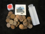 Roll of 50 1909 VDB Lincoln Wheat Cents, circulated, grades range from G to XF